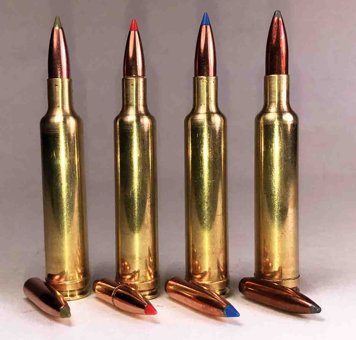 Bullets handloaded for the .257 Weatherby Magnum include (left to right): the Nosler 100-grain E-Tip, Hornady 110  InterBond, Nosler 115 Ballistic Tip and the Sierra 117-grain GameKing SBT.